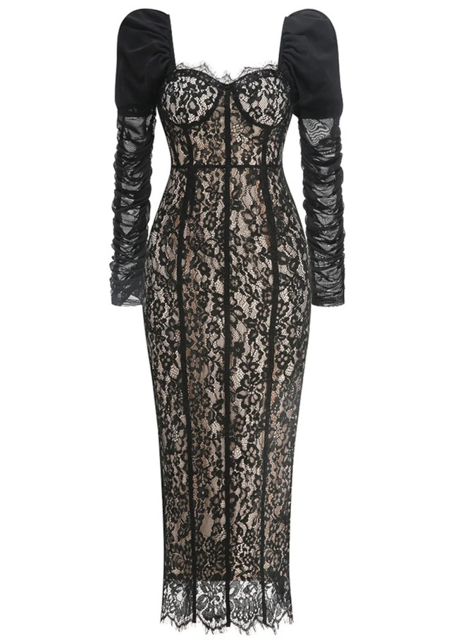 Puff Long Sleeve Lace Maxi Dress Black