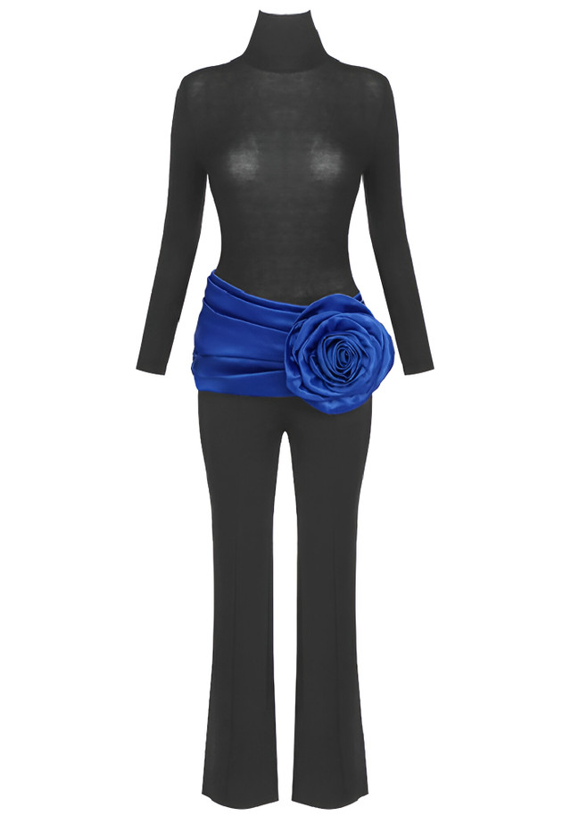 Long Sleeve Floral Detail Two Piece Jumpsuit Black Blue