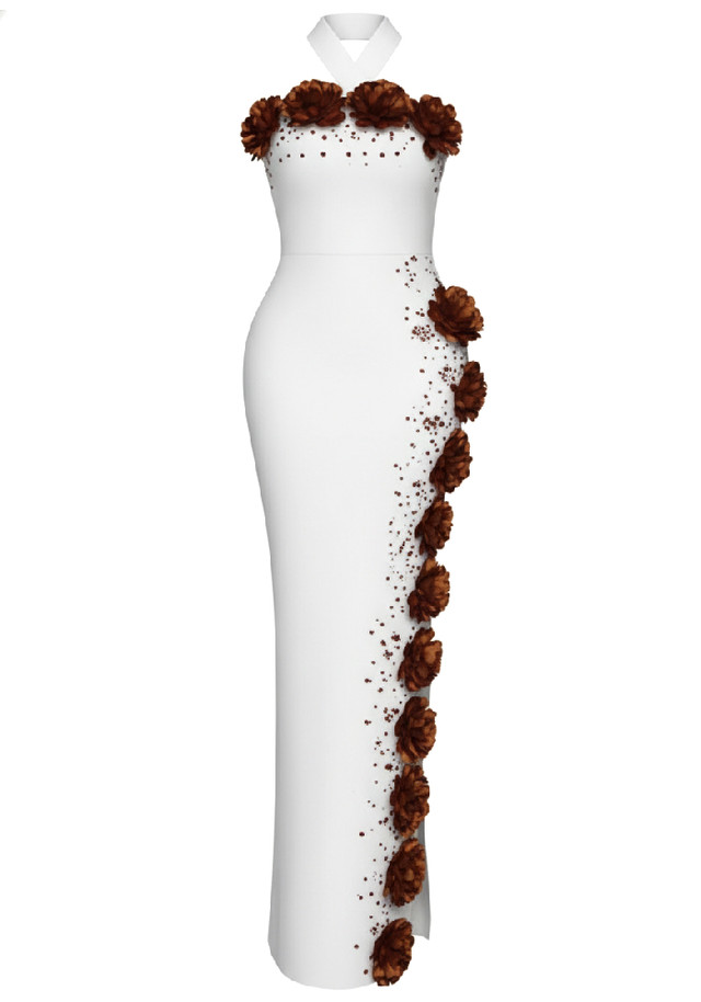 Halter Floral Crystal Maxi Dress White Brown