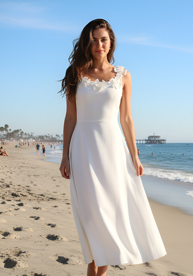 Floral Neckline A Line Midi Dress White