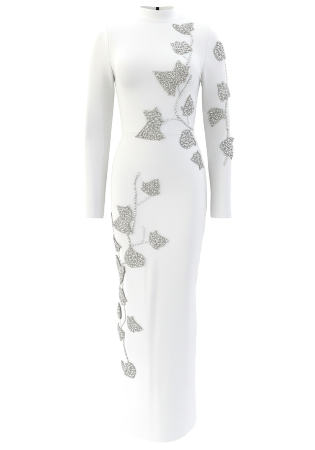 Long Sleeve Floral Crystal Maxi Dress White