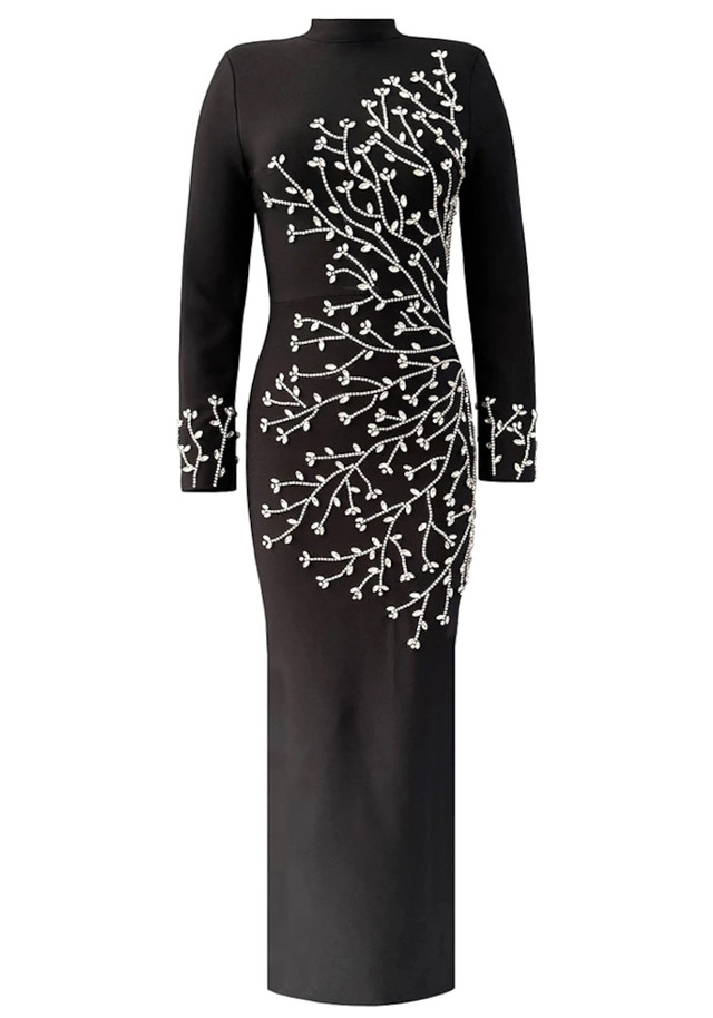 Long Sleeve Crystal Branch Detail Maxi Dress Black