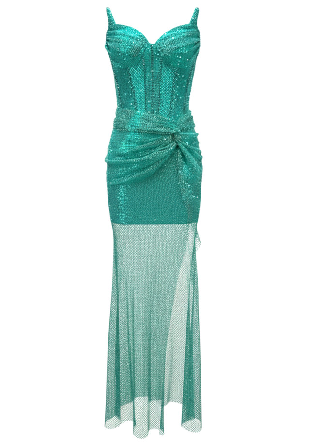 Strapless Bustier Sparkly Maxi Dress Green