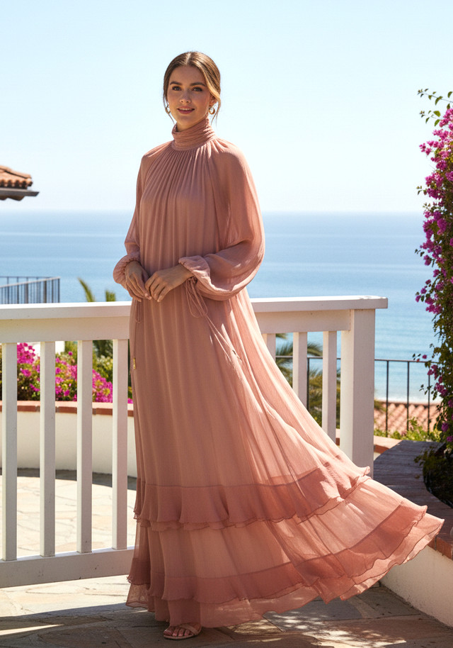 Long Sleeve Ruffle Maxi Dress Coral Pink