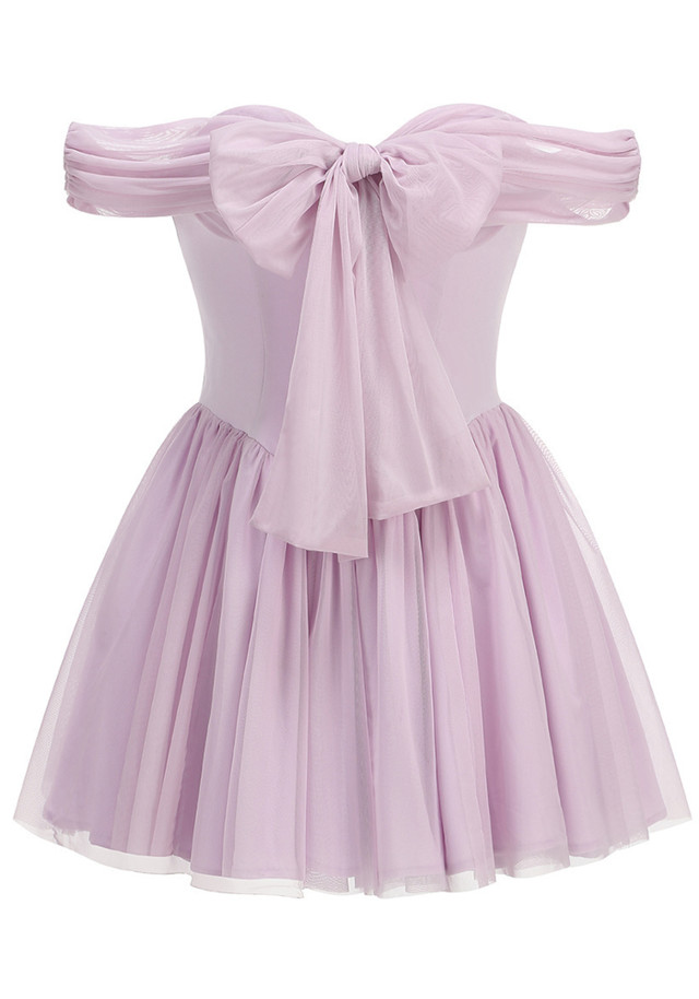 Draped Bardot Bow A Line Dress Lavender
