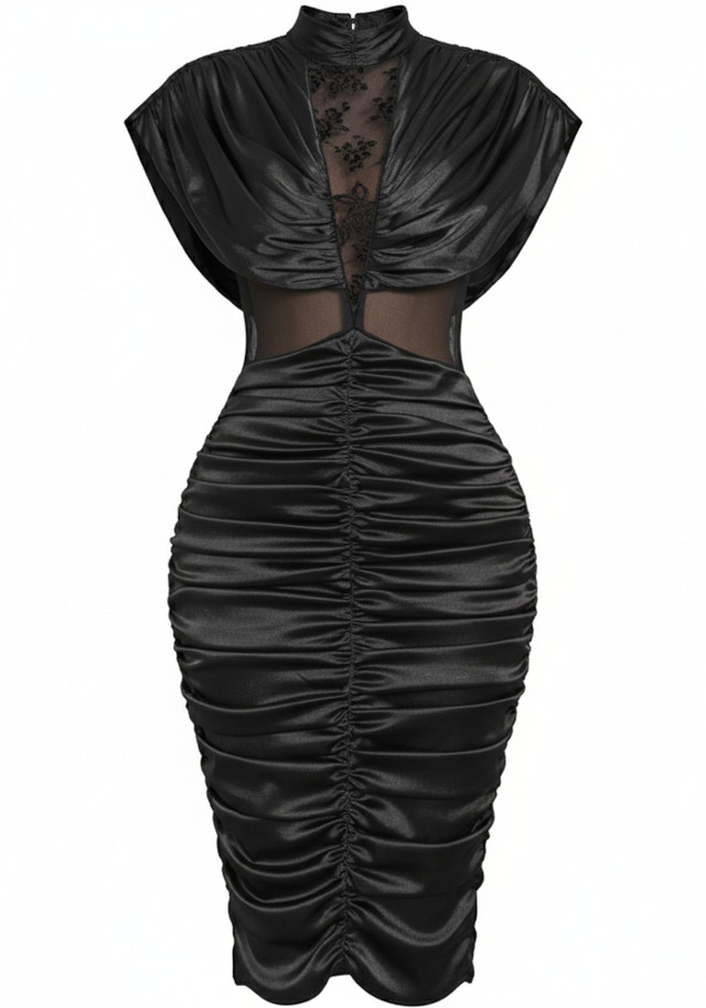 Draped Lace Insert Midi Dress Black