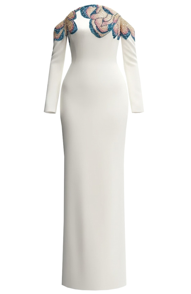 Long Sleeve Sequin Bardot Maxi Dress White