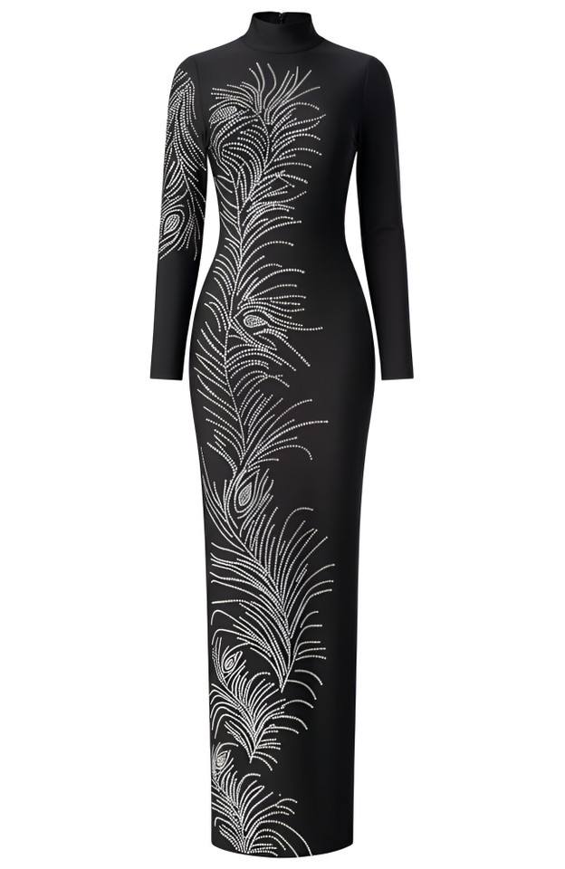 Long Sleeve Crystal Peacock Feathers Maxi Dress Black