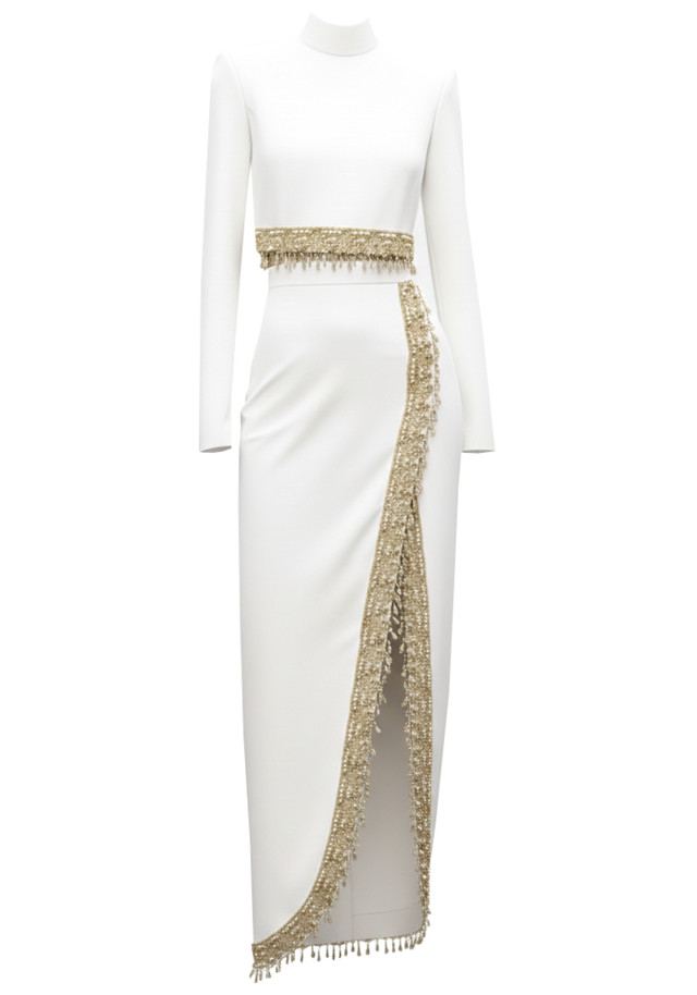 Long Sleeve Gold Trim Two Piece Maxi Dress White
