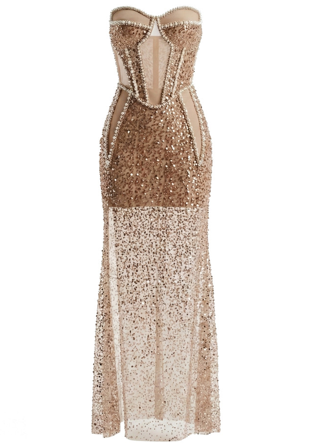 Strapless Pearl Bustier Sequin Maxi Dress Rose Gold