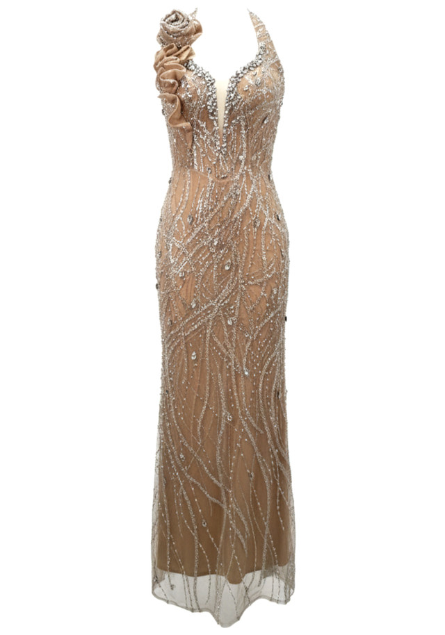 Halter Floral Crystal Sequin Maxi Dress Nude