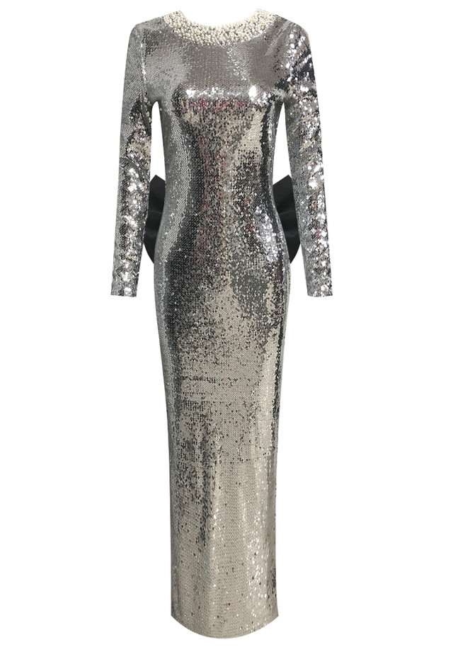 Long Sleeve Sequin Backless Bow Maxi Dress Silver