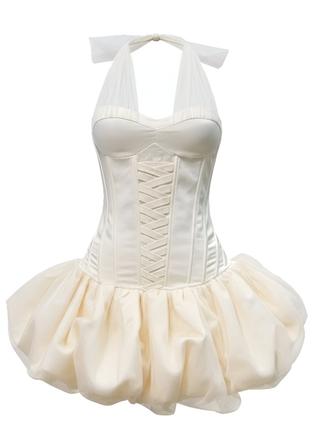 Halter Lace Up Detail Bubble Dress Ivory