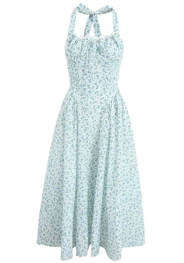 Halter Bustier A Line Midi Dress Floral Blue