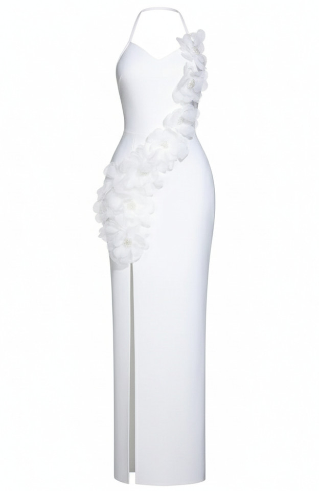 Halter Floral Pearl Maxi Dress White