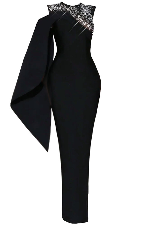 Cape Sleeve Crystal Maxi Dress Black