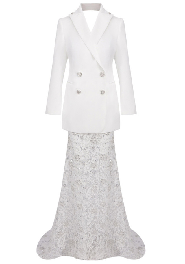 Long Sleeve Blazer Lace Maxi Two Piece Dress White
