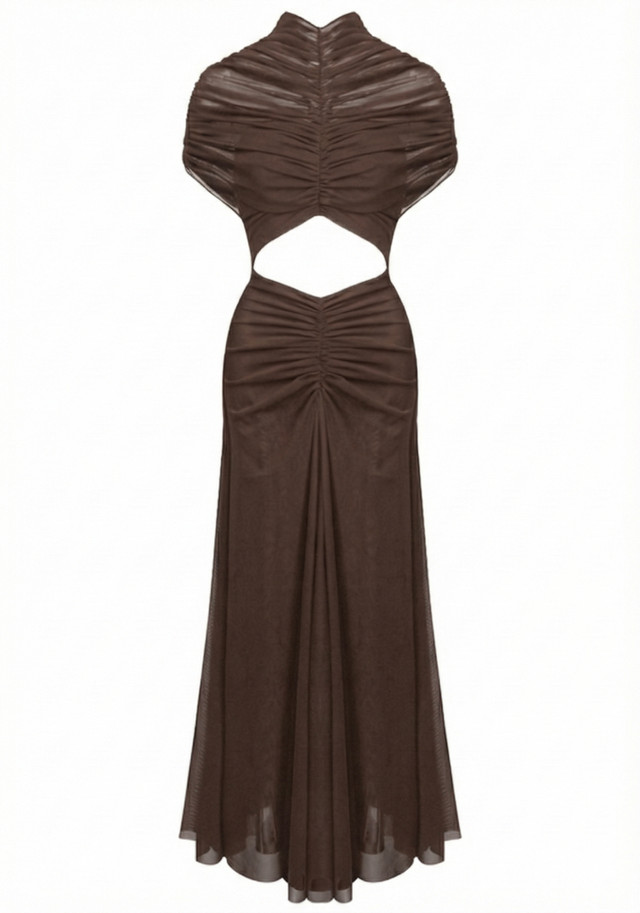 Draped Mesh Cut Out A Line Maxi Dress Brown