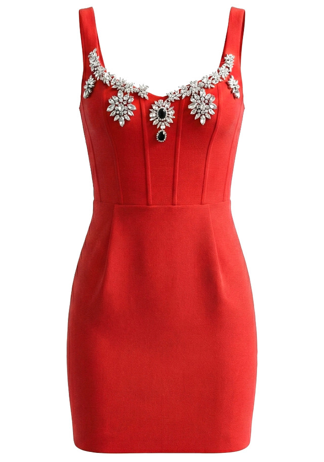 Crystal Neckline Dress Red