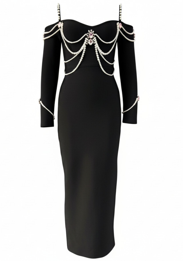 Long Sleeve Bardot Pearl Crystal Maxi Dress Black