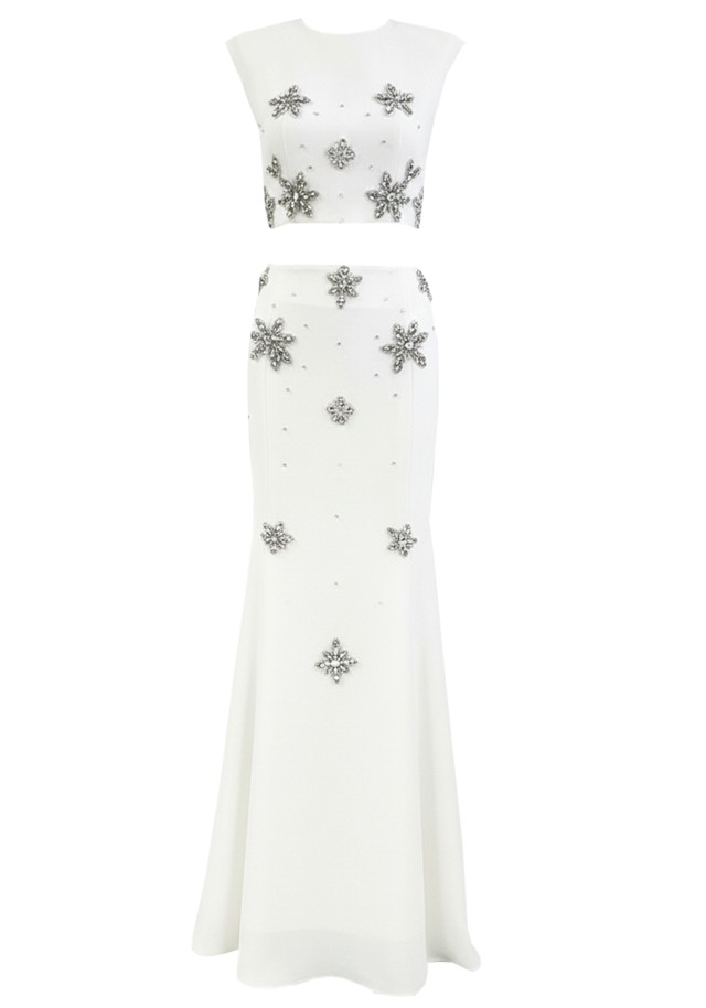 Crystal Flower Detail Two Piece Maxi Dress White