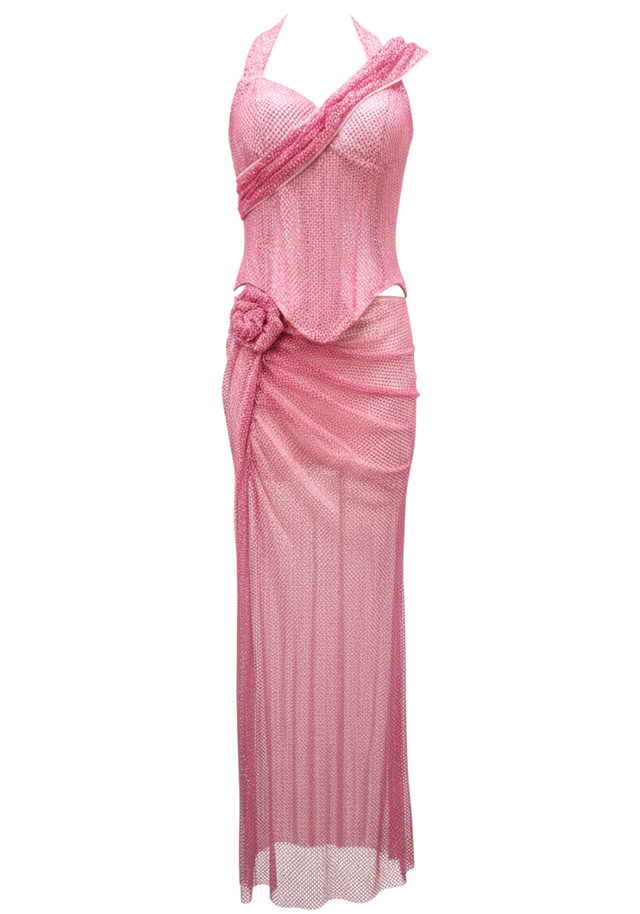 Halter Sparkly Two Piece Maxi Dress Pink