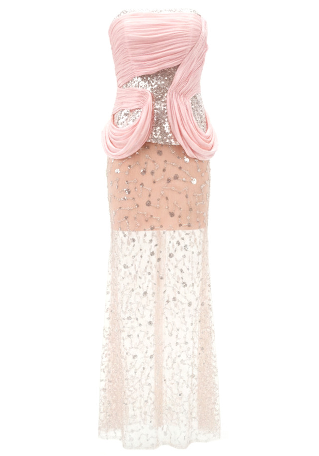 Strapless Draped Sequin Maxi Dress Pink