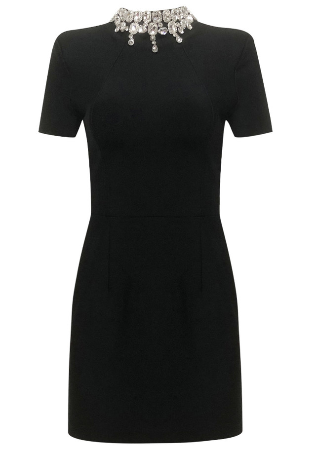 Short Sleeve Crystal Neck Dress Black