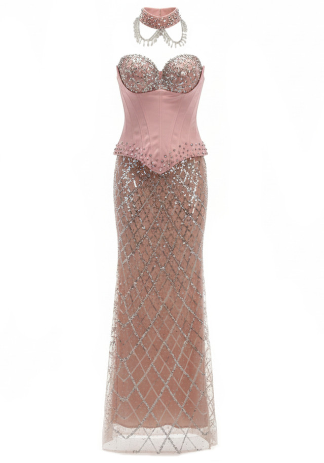 Strapless Sequin Bustier Maxi Dress Pink