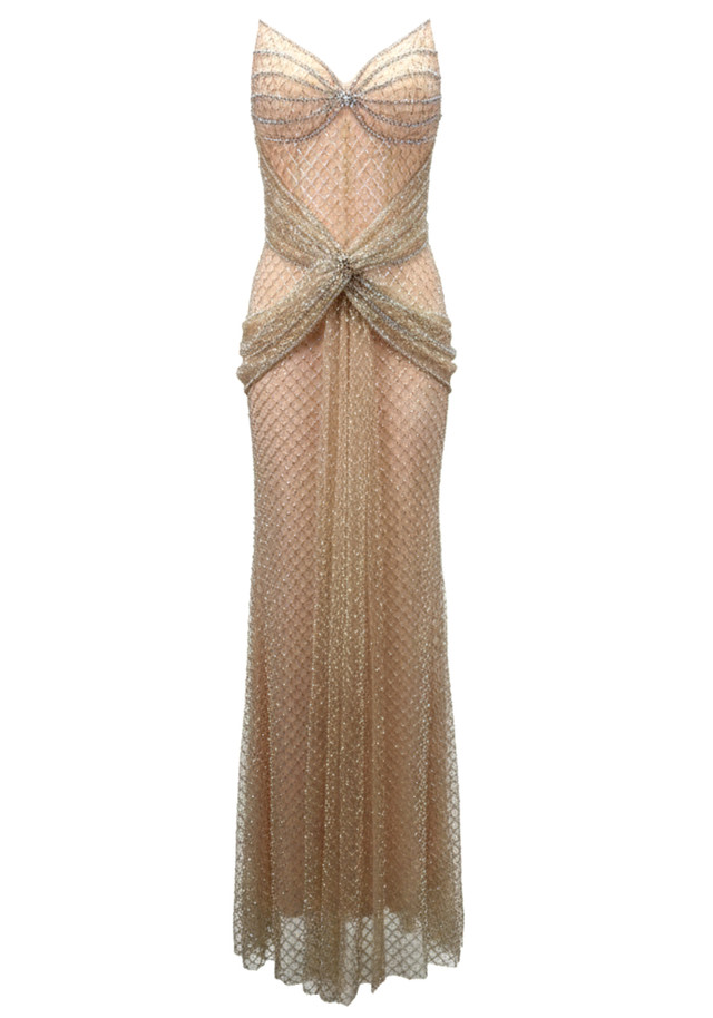 Strapless Crystal Sequin Draped Maxi Dress Nude