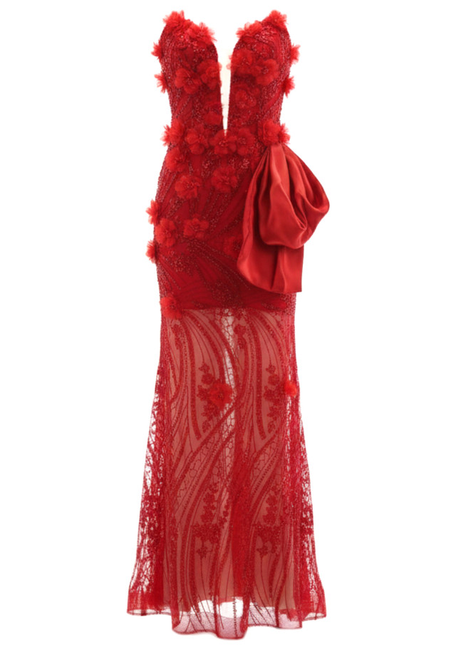 Strapless Floral Sequin Maxi Dress Red