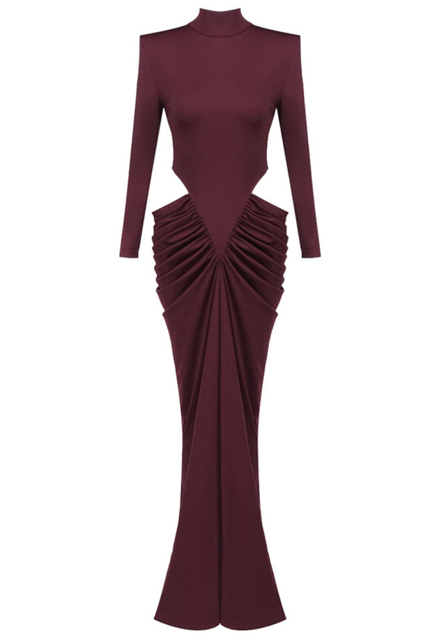 Long Sleeve Draped Cut Out Detail Maxi Dress Burgundy
