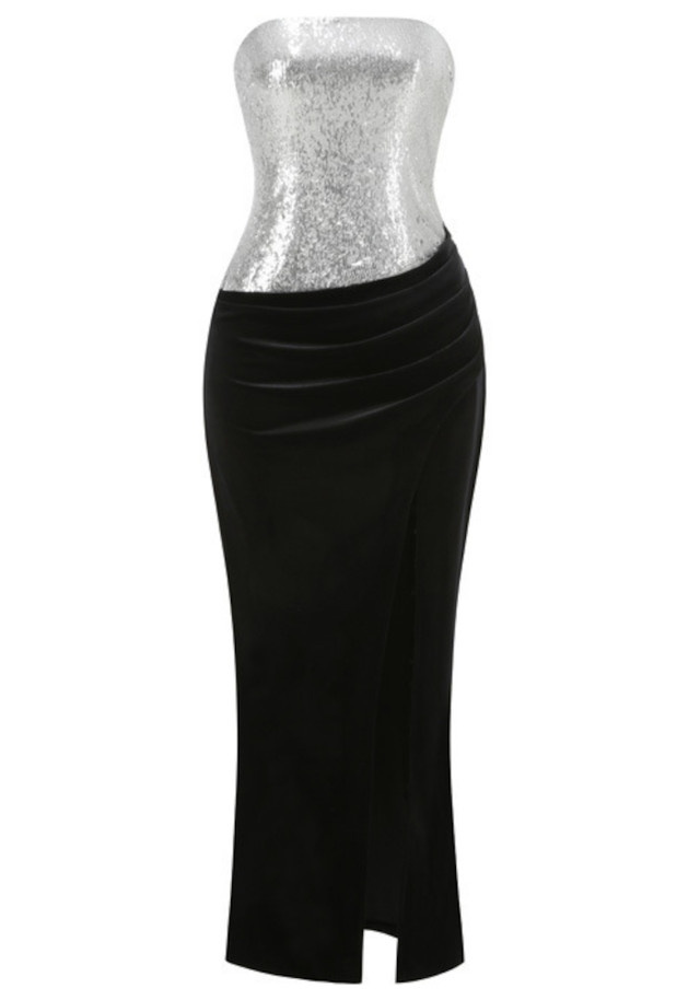 Strapless Sequin Velvet Maxi Dress Black Silver
