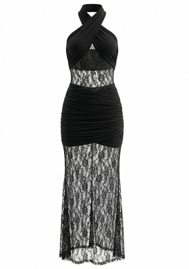 Halter Lace Insert Ruched Maxi Dress Black