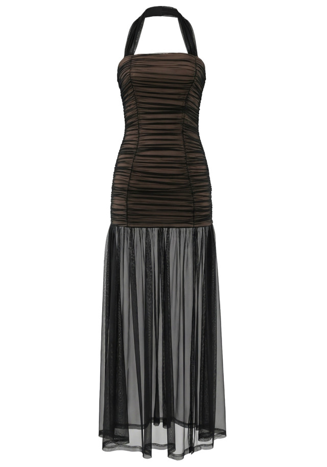 Halter Ruched Mesh Maxi Dress Black