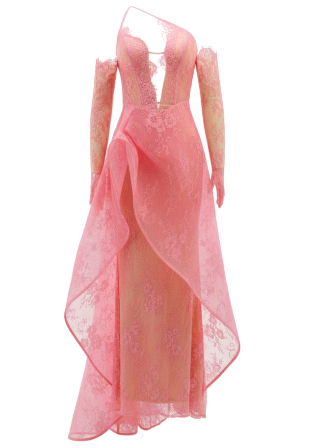 One Shoulder Lace Insert Maxi Dress Hot Pink