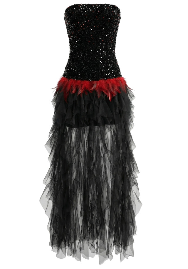 Strapless Sequin Ruffle Maxi Dress Black Red