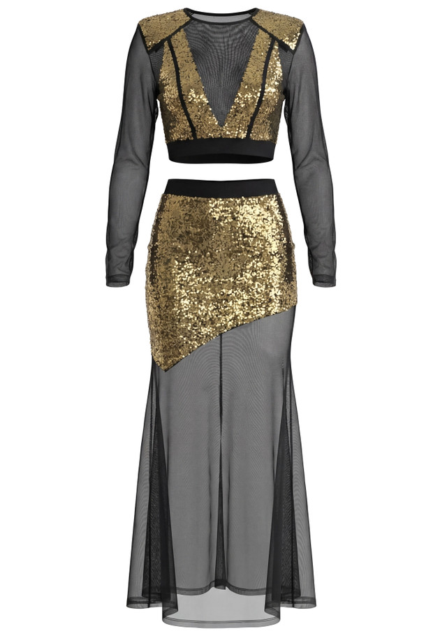 Long Sleeve Sequin Two Piece Maxi Dress Black Gold