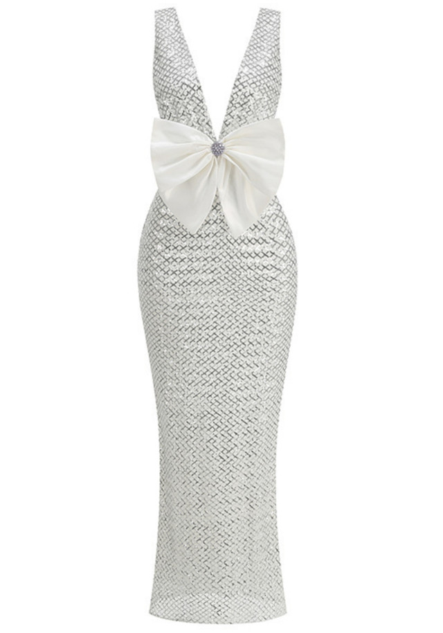 Bow Detail Sequin Maxi Dress Silver