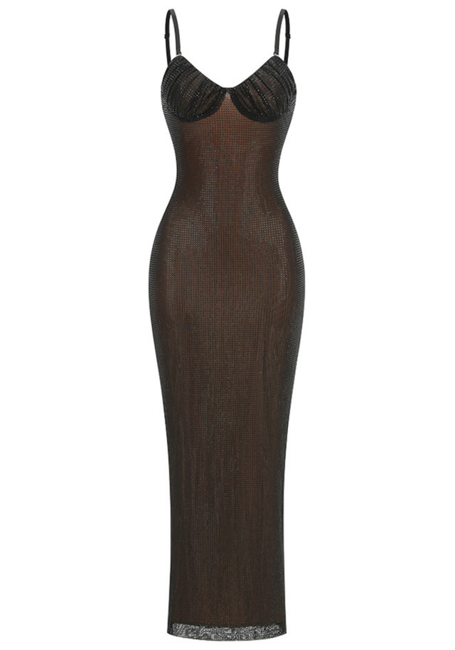 Draped Bustier Sparkly Maxi Dress Black