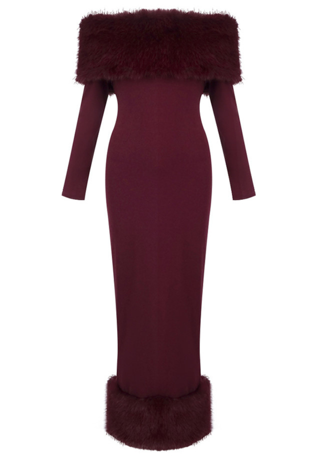 Long Sleeve Fur Bardot Midi Dress Burgundy
