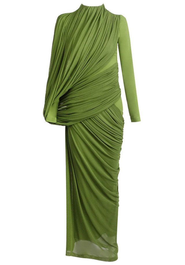 Long Sleeve Draped Maxi Dress Green