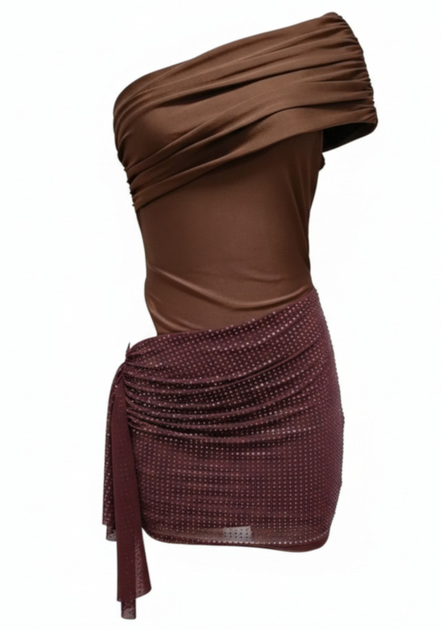 One Shoulder Draped Sparkly Dress Brown