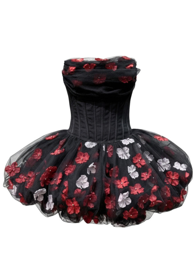 Strapless Floral Corset Bubble Dress Black