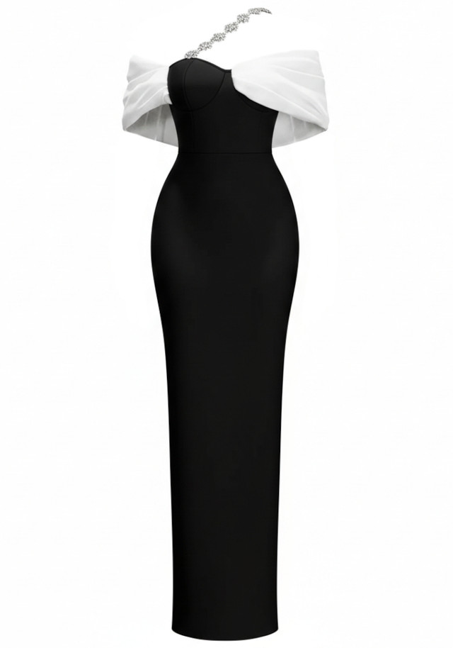 Crystal One Shoulder Maxi Dress Black White