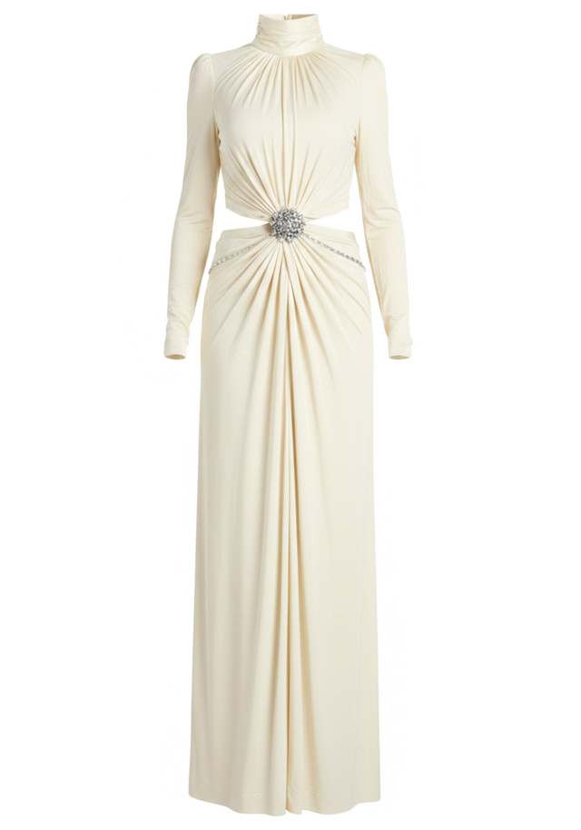 Long Sleeve Crystal Draped Maxi Dress Ivory