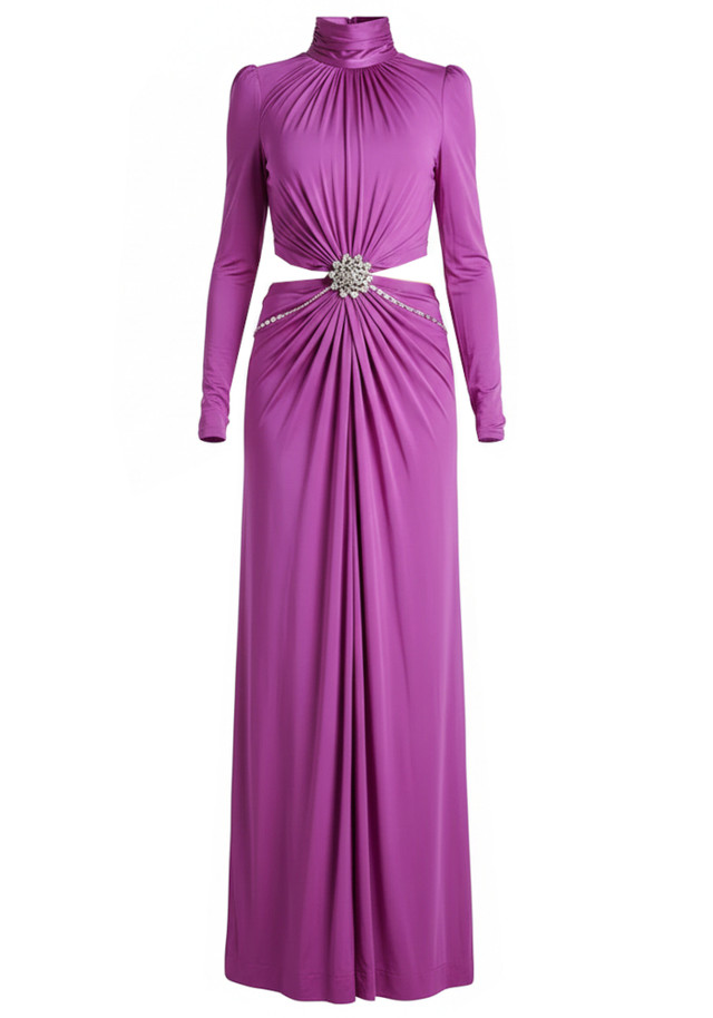 Long Sleeve Crystal Draped Maxi Dress Magenta