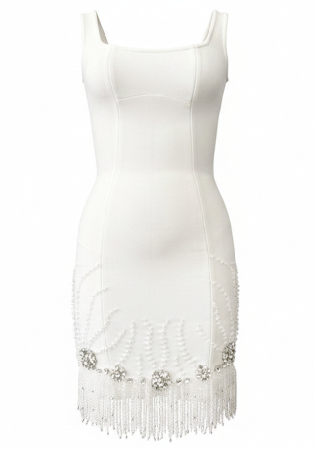 Crystal Pearl Tassel Dress White
