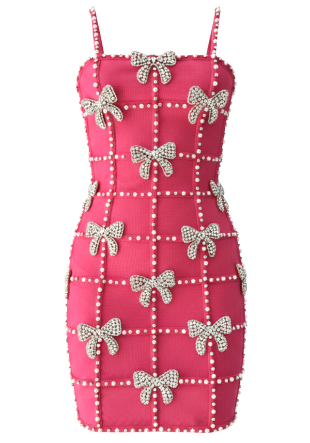 Crystal Pearl Embellished Dress Hot Pink