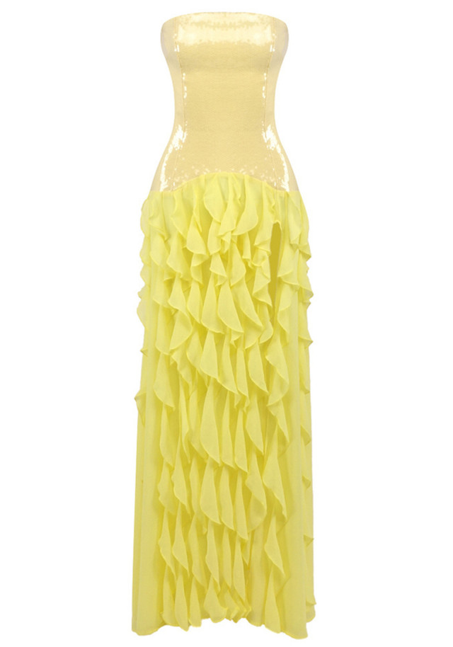 Strapless Sequin Ruffle Maxi Dress Yellow
